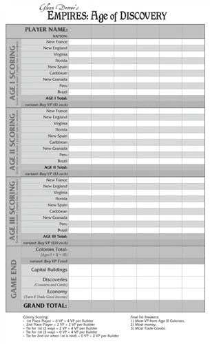 Eagle-Gryphon Games Board Games Glenn Drover's Empires: Age Of Discovery - Extra Score Pad 1 Eagle-Gryphon Games Board Games Glenn Drover's Empires: Age Of Discovery - Extra Score Pad