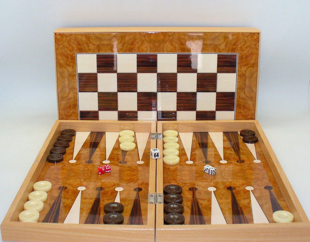 WorldWise Imports Backgammon Set: 19" Burlwood Decoupage Board Games 1 WorldWise Imports Backgammon Set: 19" Burlwood Decoupage Board Games